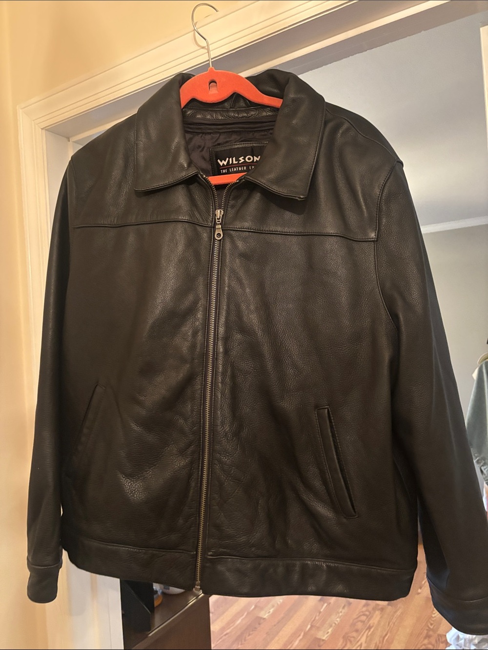 Wilson Black Leather Bomber Jacket with Zip Front